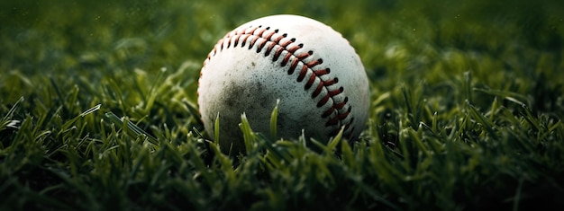 Piłka baseballowa leży na trawie z napisem baseball.