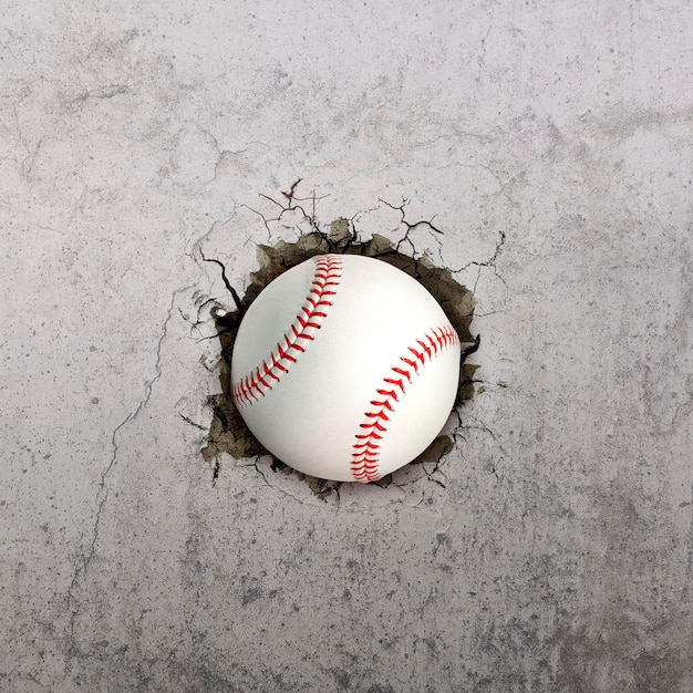 Piłka baseballowa przelatująca przez ścianę z pęknięciami