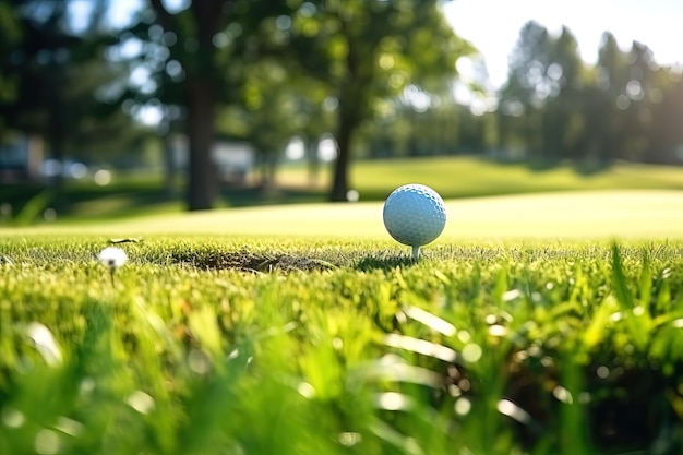 Piłka do golfa na polu golfowym z zieloną trawą