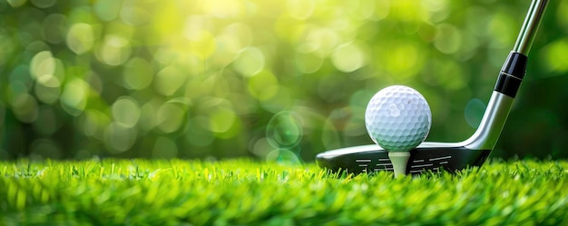 Piłka do golfa na tee i kierowca klub golfowy na trawie tło doskonały strzał z bliska widok słoneczny dzień