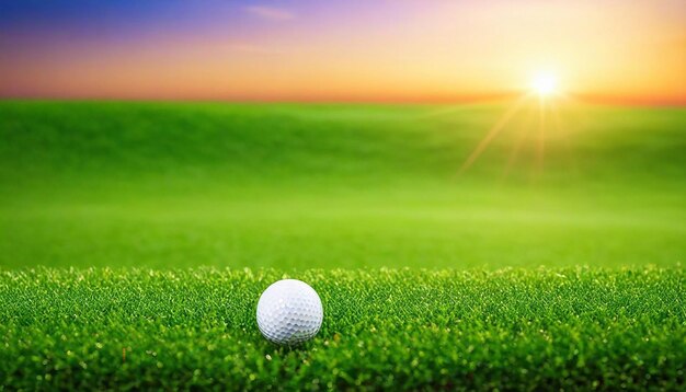 Piłka do golfa na zielonej trawie na tle zachodu słońca