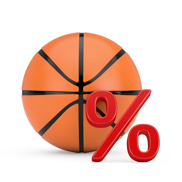 Piłka do koszykówki z czerwonym znakiem procentu sprzedaży lub rabatu renderowania 3d