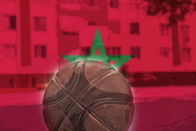 Zdjęcie piłka do koszykówki z flagą maroka zwycięstwo maroka i wygrać koncepcję piłka koszykowa i flaga narodowa