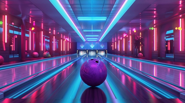 Piłka do kręgli toczy się wzdłuż paska oświetlonego uderzającymi neonami w współczesnej alei do krążenia