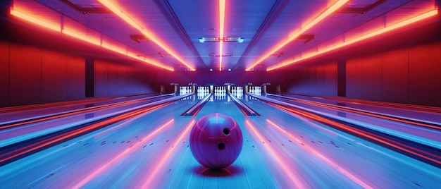 Piłka do kręgli toczy się wzdłuż paska oświetlonego uderzającymi neonami w współczesnej alei do krążenia