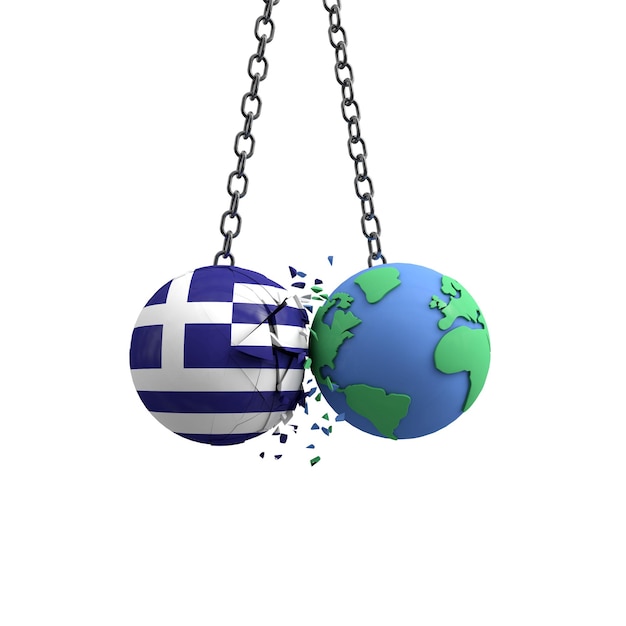 Piłka flagi Grecji uderza w planetę Ziemię koncepcja wpływu na środowisko d render