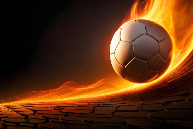 Zdjęcie piłka nożna 3d w płomieniu ognia i latania na ciemnym niebie generative ai