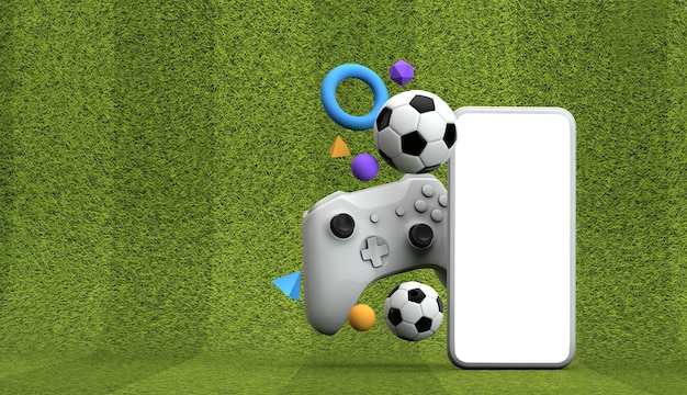 Piłka nożna gra tło pusty telefon z kontrolerem gier wideo i renderowaniem piłki nożnej d
