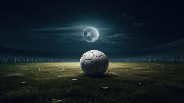 Piłka nożna jest na polu z księżycem w tle.