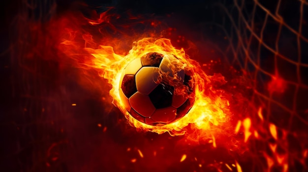 Piłka nożna jest w środku wypełnionego ogniem pola płomieni Generative AI