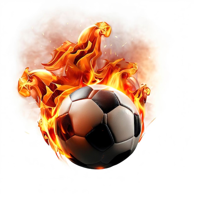 Piłka nożna latająca w płomieniach realistyczna na białym tle