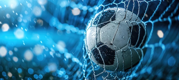 Piłka nożna na bramce z siatką i zielonym tłem to zdjęcie może być używane do piłki nożnej