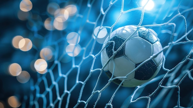 Piłka nożna na bramce z siatką i zielonym tłem to zdjęcie może być używane do piłki nożnej