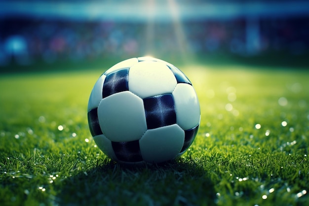 Piłka nożna na zielonej trawie na stadionie piłkarskim z przestrzenią do kopiowania