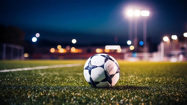 Piłka nożna na zielonej trawie stadionu piłkarskiego w nocy ze światłami