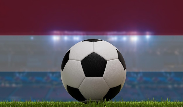 Piłka nożna piłka nożna na boisku trawiastym przed światłami stadionu i flagą Luksemburga Renderowanie 3D