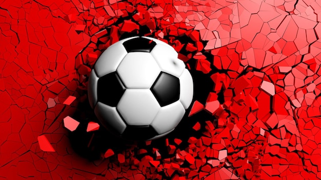 Zdjęcie piłka nożna przedziera się siłą przez czerwoną ścianę ilustracji 3d