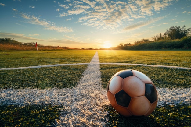 Piłka nożna siedzi na białych liniach boiska piłkarskiego o zachodzie słońca