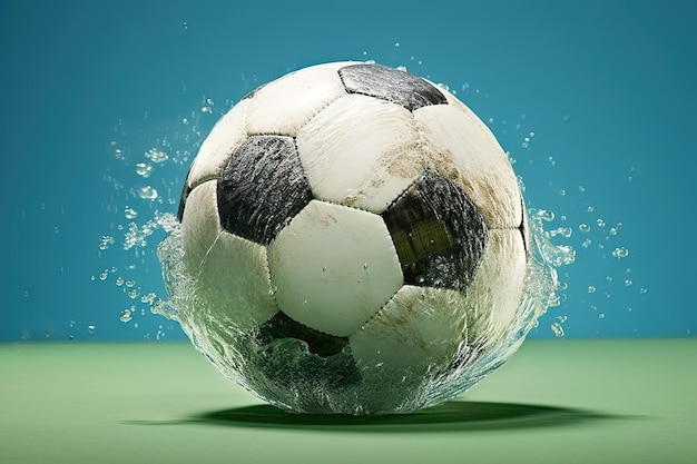 Piłka nożna z zewnętrzną warstwą wykonaną z biodegradowalnego materiału, który rozpuszcza się w kontakcie z wodą generatywną ilustrację ai