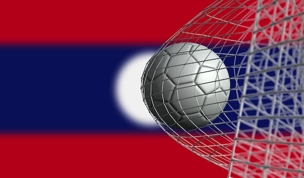 Zdjęcie piłka nożna zdobywa bramkę w siatce przeciwko flagi laosu renderowanie 3d