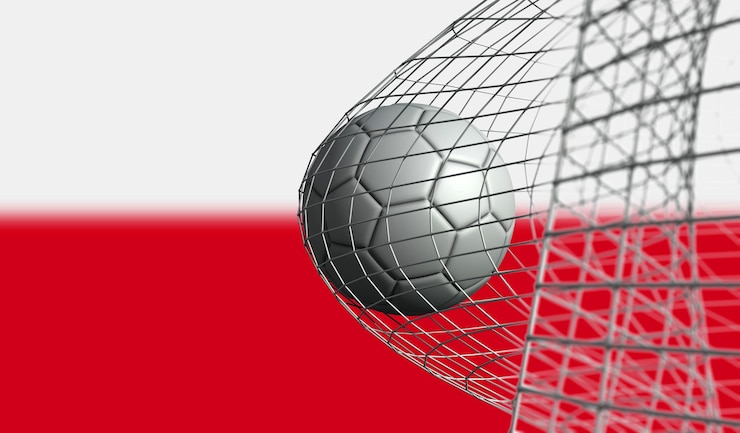 Zdjęcie piłka nożna zdobywa bramkę w siatce przeciwko polskiej flagi renderowanie 3d