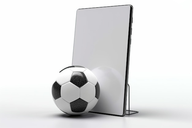 Piłka nożna ze smartfonem na białym tle aplikacji do oglądania meczów piłki nożnej