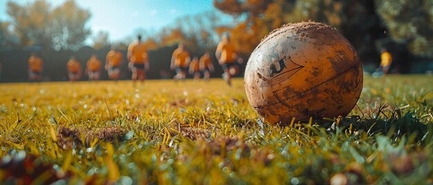 Zdjęcie piłka rugby na boisku z zawodnikami w tle