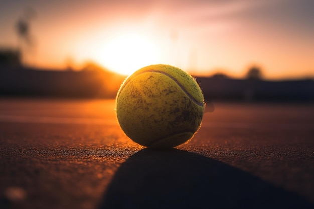 Piłka tenisowa na ziemi o zachodzie słońca
