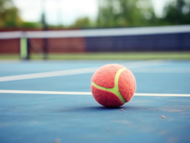 Piłka tenisowa spoczywa na niebieskim boisku z siatką w miękkim ostrości za