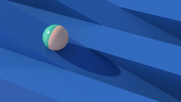 Piłka tocząca się na niebieskim bloku. Streszczenie ilustracji, renderowania 3d.