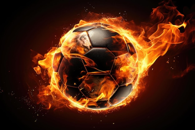 Piłka w płomieniach Ognisty futbol Tło sportowej piłki nożnej Ilustracja generatywna AI