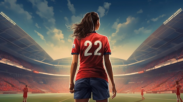 Piłkarka w czerwonej koszulce stojąca do tyłu
