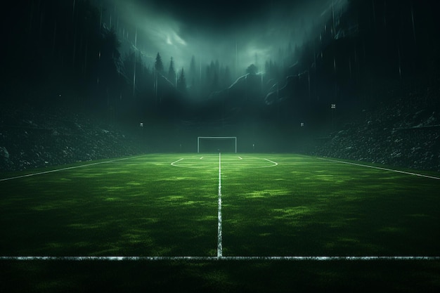 Piłkarskie boisko z zielonym boiskem piłkarskim i słowami piłka nożna na dole