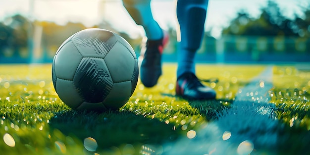 piłkarz biegnący do piłki nożnej na boisku piłkarskim z bliska na banerze sportowym