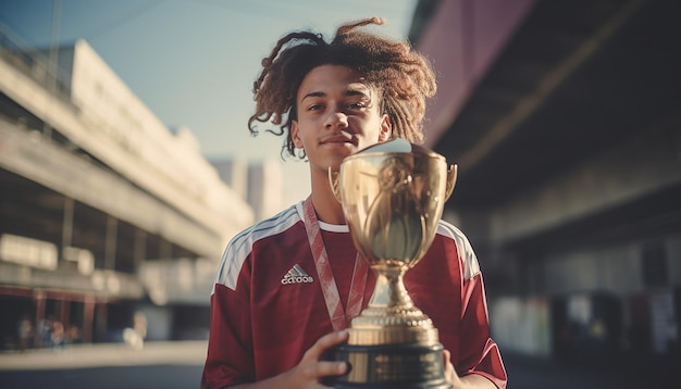 Piłkarz trzymający trofeum na platformie