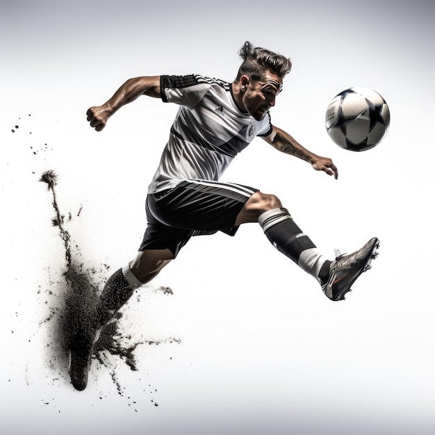 piłkarz w płynnej pozycji kopie piłkę w stylu wybuchowej pigmentacji
