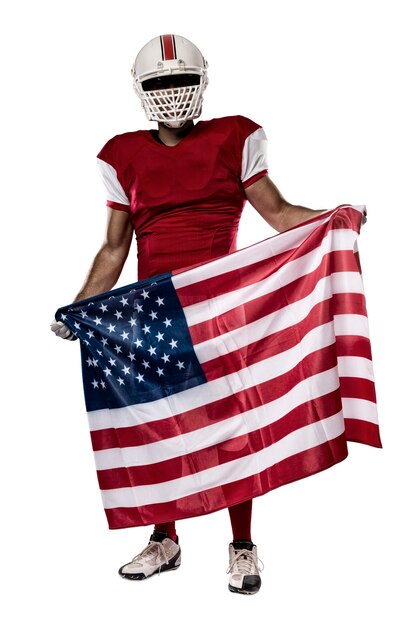 Piłkarz z czerwonym mundurze i amerykańską flagą, na białym tle