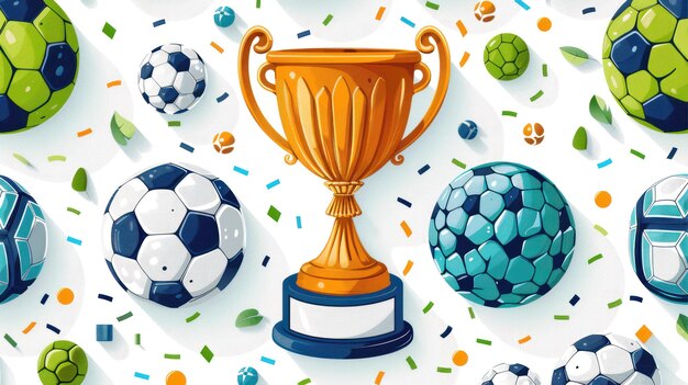 Piłki i trofea Wzór niebiesko-zielony na białym tle Sportowy i zwycięski projekt