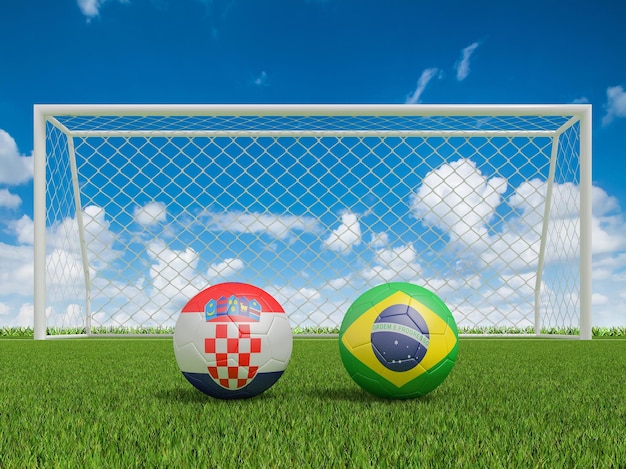 Piłki nożne w kolorach flag na boisku piłkarskim Chorwacja z Brazylią renderowania 3d