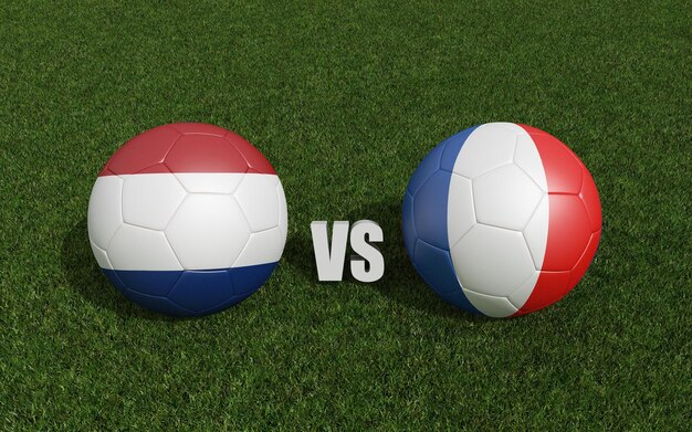 Piłki nożne w kolorach flagi na trawie Holandia z Francją turniej Pucharu Euro 2024 rendering 3d