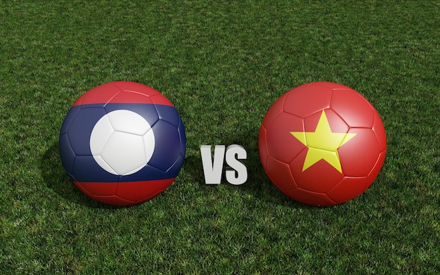 Piłki w kolorach flag na boisku do piłki nożnej Laos z renderowaniem 3d w Wietnamie