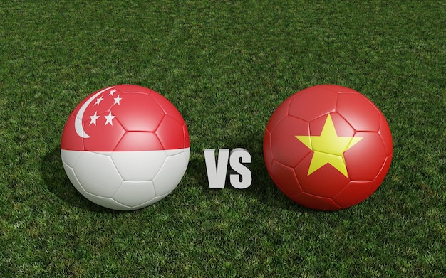 Piłki w kolorach flag na boisku do piłki nożnej Singapur z renderowaniem 3d w Wietnamie