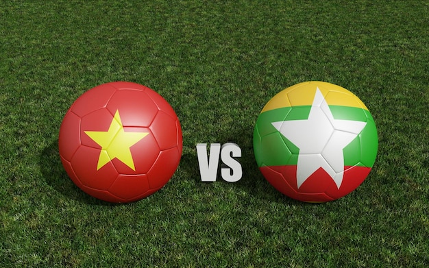 Piłki w kolorach flag na boisku do piłki nożnej Wietnam z renderowaniem 3d Birmy