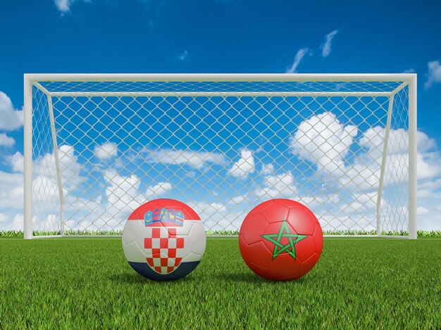Piłki w kolorach flagi na boisko do piłki nożnej Chorwacja z Maroko renderowania 3d