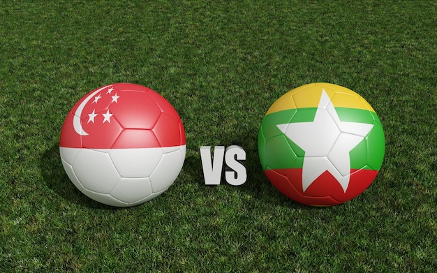 Piłki w kolorach flagi na boisko do piłki nożnej Singapur z Myanmar renderowania 3d