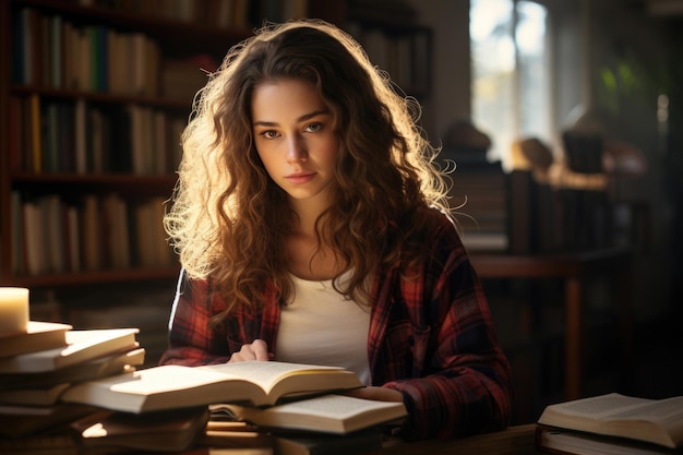 Pilna dziewczyna urzeczona urokiem biblioteki zagłębia się w książkę. Każda strona to świat, w który się zanurza, przygotowując się do wyzwań egzaminów