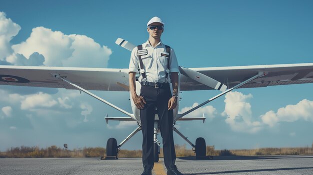 Pilot w mundurze stojący przed małym samolotem