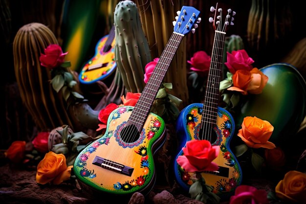 Zdjęcie pinata meksykański kapelusz kaktus gitara i maraca