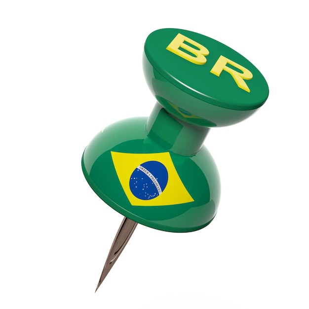 Zdjęcie pinezka 3d z flagą brazylii na białym tle