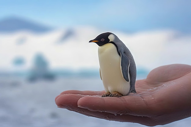 Pingwin cesarski malutkie najmniejsze zwierzę na świecie stojące na ludzkiej dłoni ilustracyjnej generatywnej ai